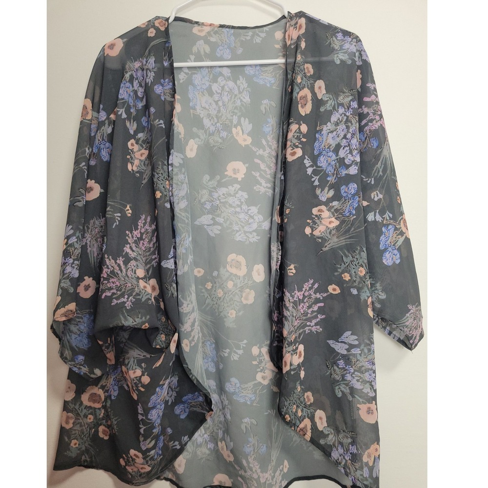 Floral Kimono Wrap Sheer Gray Purple Blue Open Front Cardigan XL - Picture 1 of 6